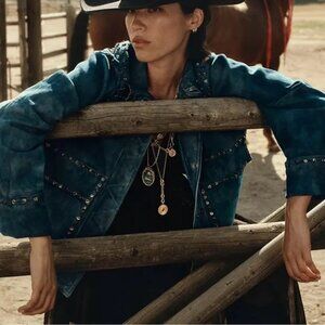 Free People We The Free LEATHER Suzy Studded Suede Jacket Drizzle‎ Blue Large